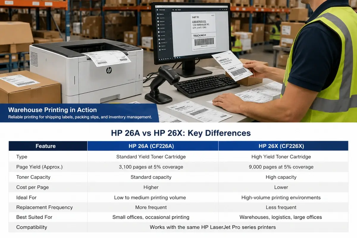 Warehouse staff printing shipping labels with HP LaserJet printer using HP 26X compatible toner cartridges.